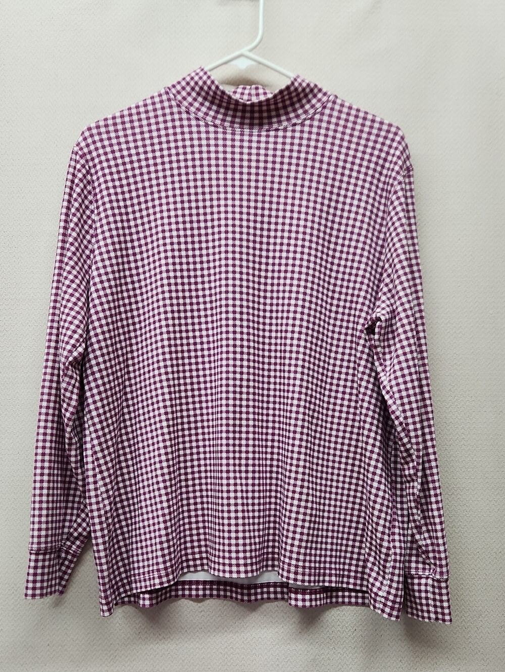 Lands' End Pink & White Gingham Mock Neck Top